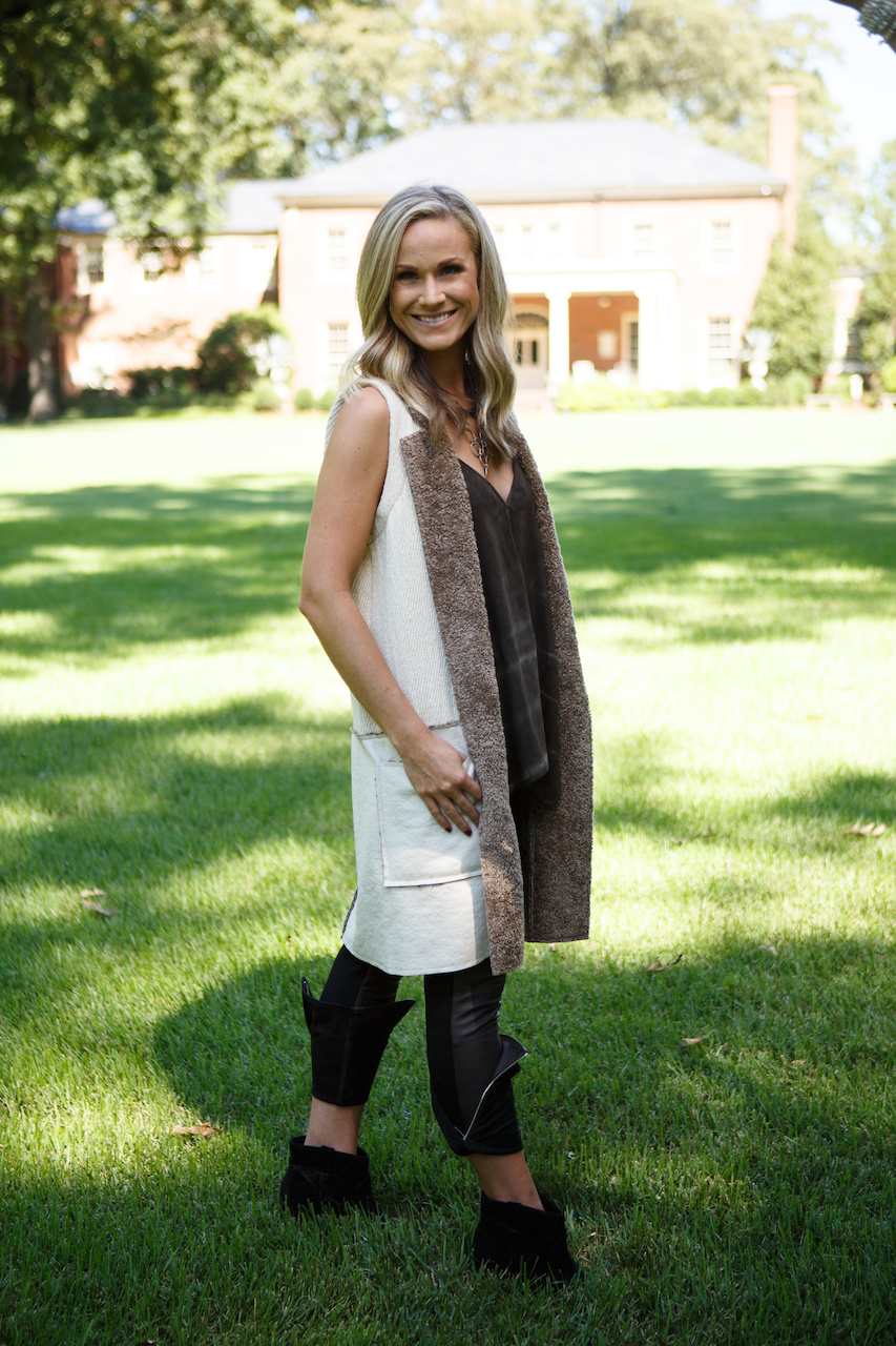 From Kittie Kyle, black ankle-zip pants, $298; loose brown suede tank, $245; sheepskin vest, $428. From Kittie Kyle, black ankle-zip pants, $298; loose brown suede tank, $245; sheepskin vest, $428.