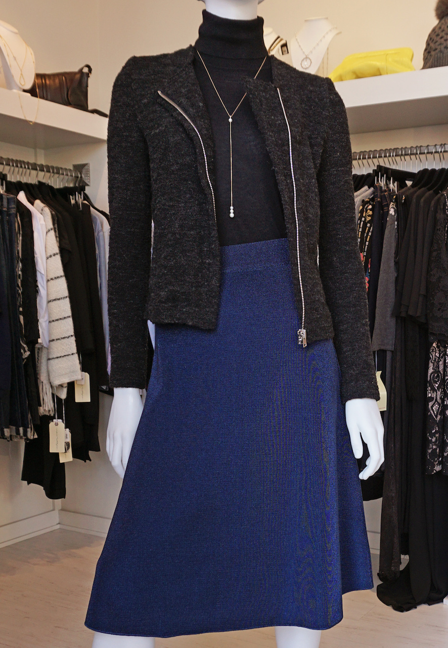From <a href="https://styleblueprint.com/louisville/guide/peacock-boutique/" target="_blank">Peacock Boutique</a>: Missoni navy midi skirt, $795; Sleeveless Turtleneck, $315; Iro structured tent jacket, $609; Necklace, $825 From <a href="https://styleblueprint.com/louisville/guide/peacock-boutique/" target="_blank">Peacock Boutique</a>: Missoni navy midi skirt, $795; Sleeveless Turtleneck, $315; Iro structured tent jacket, $609; Necklace, $825