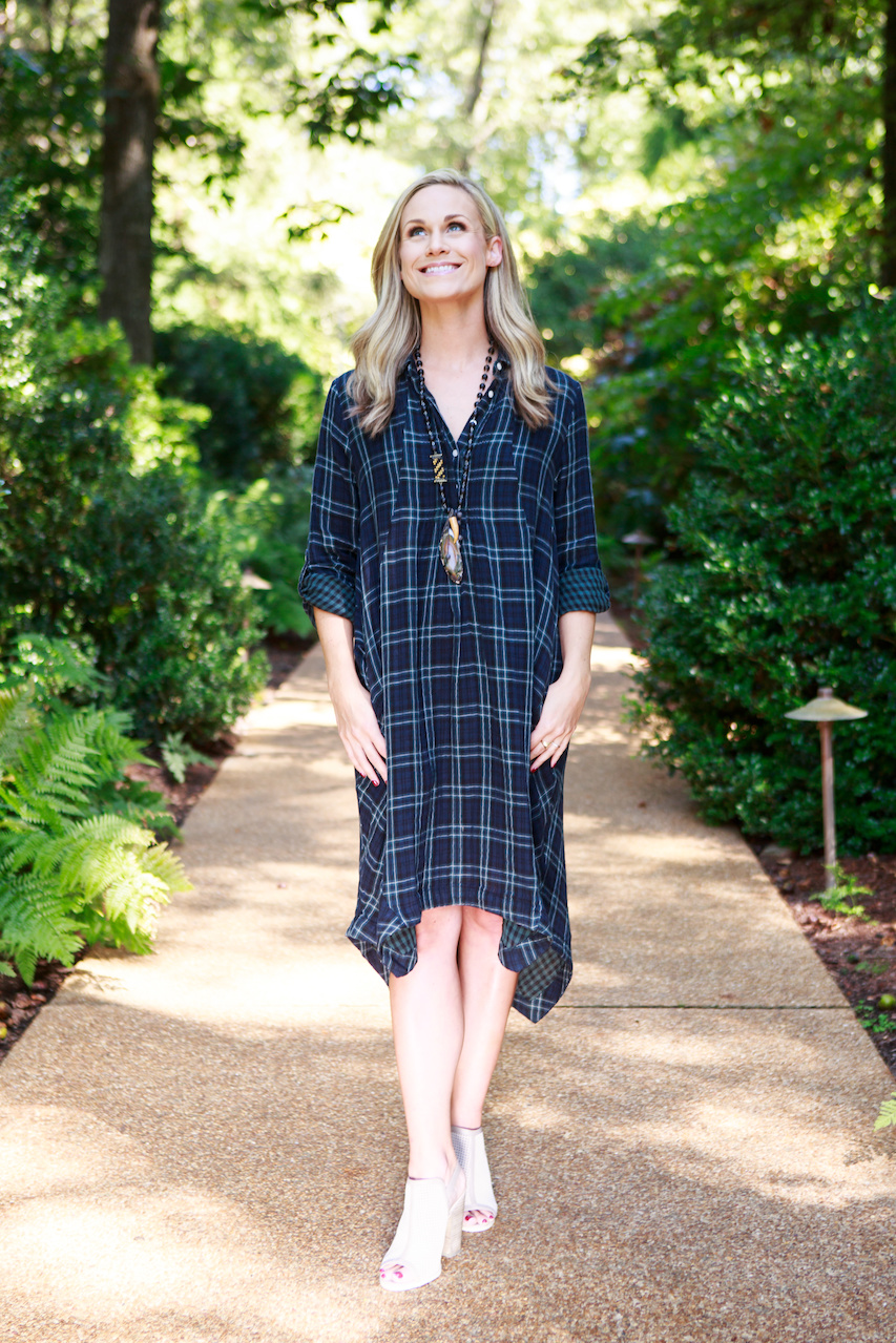 Ellie wears a plaid dress with contrasting check lining, $218, and a Myrna Halpern Necklace, $290, from Kittie Kyle Ellie wears a plaid dress with contrasting check lining, $218, and a Myrna Halpern Necklace, $290, from Kittie Kyle