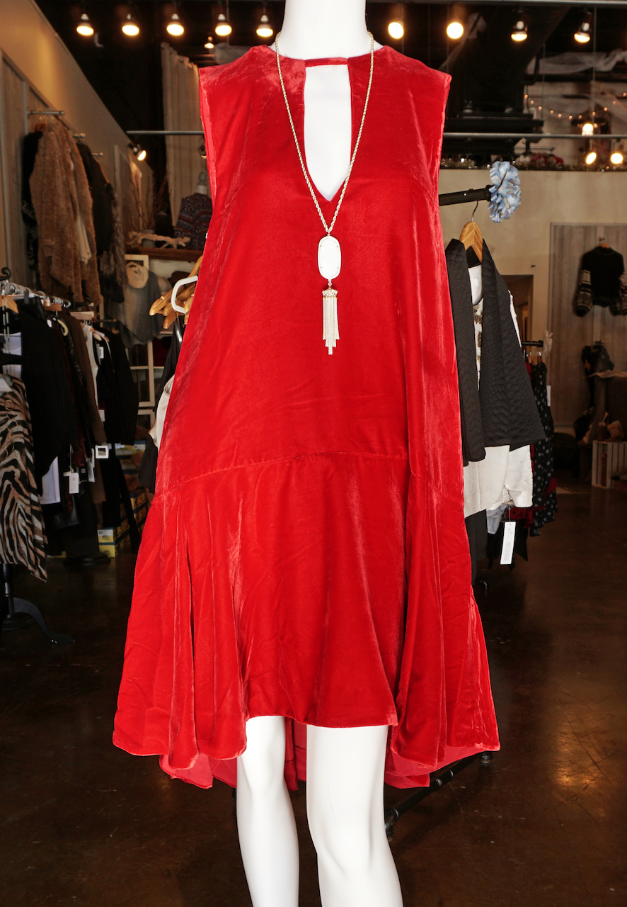 From <a href="https://styleblueprint.com/louisville/guide/blu-boutique/" target="_blank">Blu Boutique</a>: Red velvet dress, $168; Kendra Scott necklace, $80 From <a href="https://styleblueprint.com/louisville/guide/blu-boutique/" target="_blank">Blu Boutique</a>: Red velvet dress, $168; Kendra Scott necklace, $80