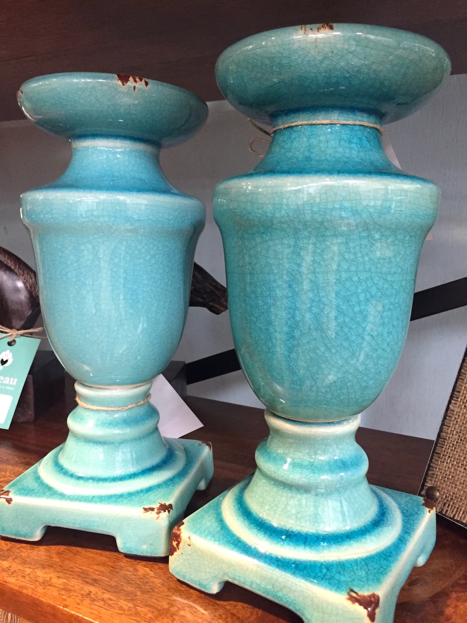 Crackled ceramic candle holders are just $12 each at Nadeau. Crackled ceramic candle holders are just $12 each at Nadeau.
