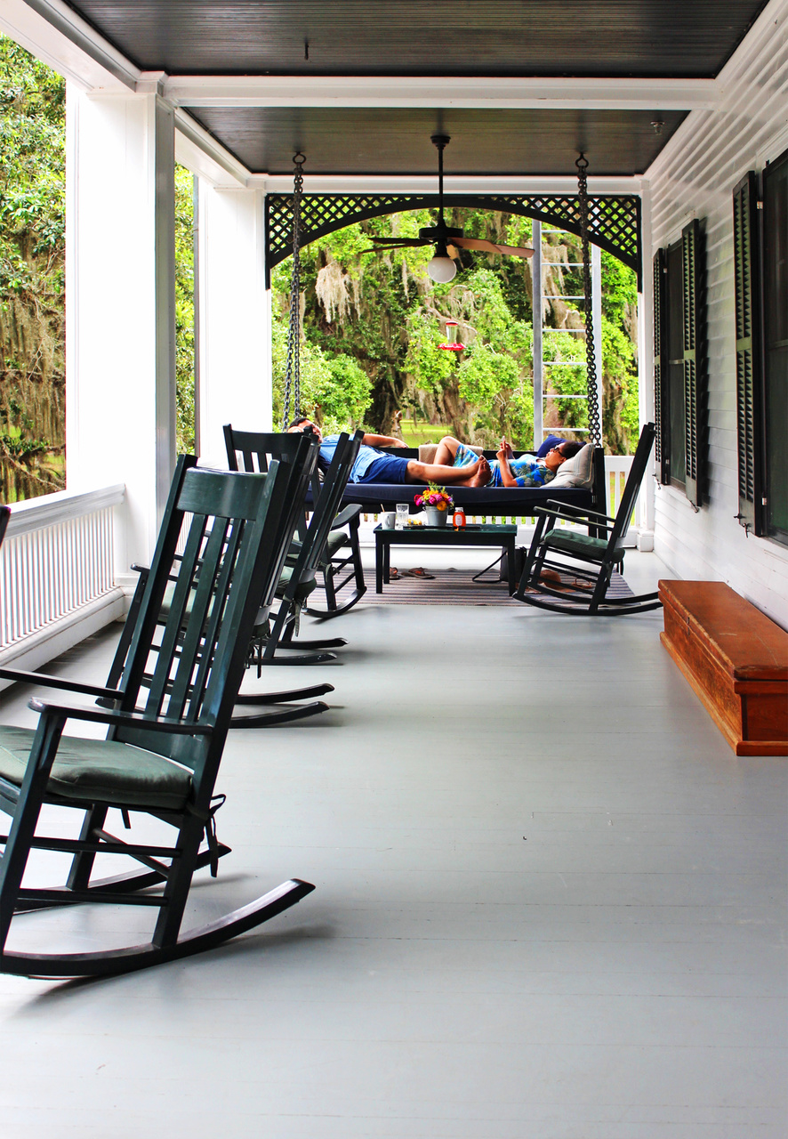 Guests at Greyfield Inn often spend a good part of the day on one of the porches. Guests at Greyfield Inn often spend a good part of the day on one of the porches.