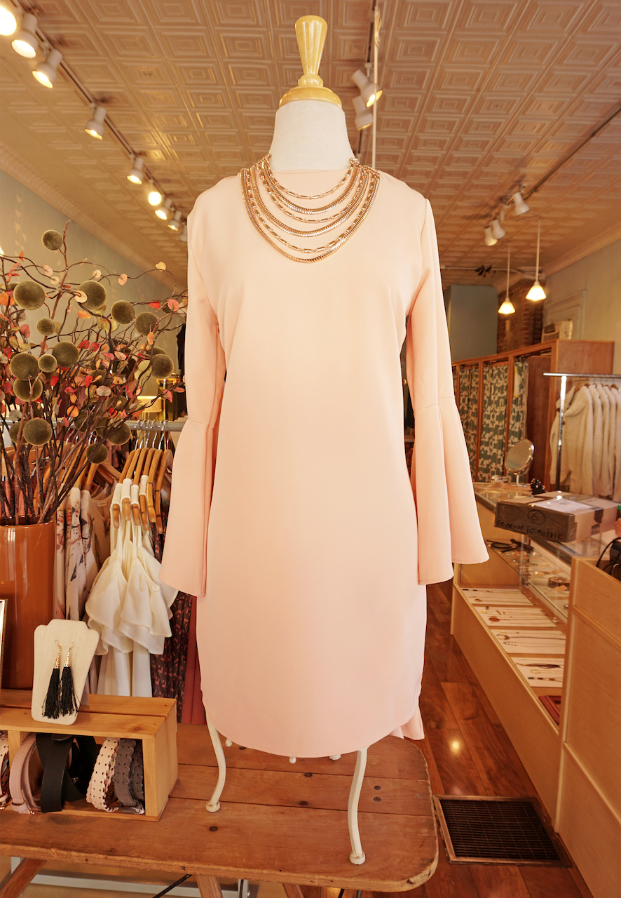 From <a href="https://styleblueprint.com/louisville/guide/general-eccentric/" target="_blank">General Eccentric</a>: Blush dress with bell sleeves, $36; Gold statement necklace, $16 From <a href="https://styleblueprint.com/louisville/guide/general-eccentric/" target="_blank">General Eccentric</a>: Blush dress with bell sleeves, $36; Gold statement necklace, $16
