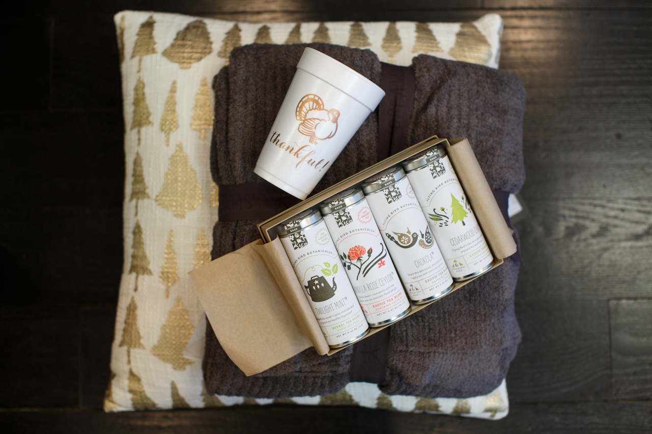 From the The Stovall Collection: Barefoot Dreams Blankey $165; disposable thankful cups, 8 for $8; pillow $62 and holiday cheer box of teas, $47. From the The Stovall Collection: Barefoot Dreams Blankey $165; disposable thankful cups, 8 for $8; pillow $62 and holiday cheer box of teas, $47.