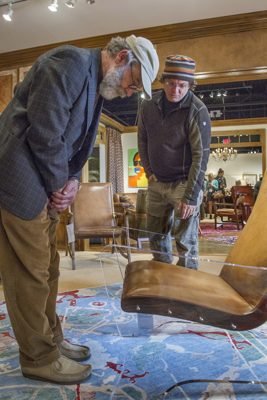 Allen tells Michael about his brilliant creation, this leather and acrylic chair he designed for Hancock and Moore. Allen tells Michael about his brilliant creation, this leather and acrylic chair he designed for Hancock and Moore.