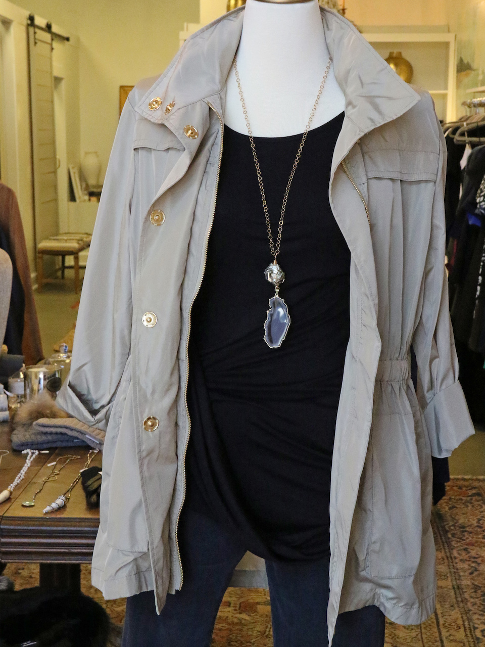 Stay stylish, chic, AND dry in this all-season rain jacket from K. McCarthy in Nashville! Stay stylish, chic, AND dry in this all-season rain jacket from K. McCarthy in Nashville!