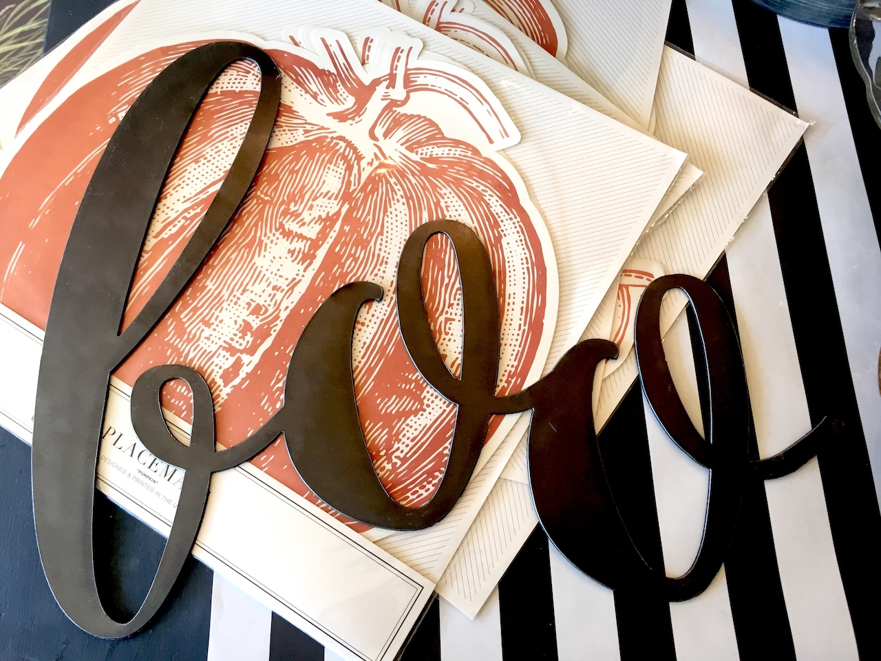 Metal BOO sign and set of paper pumpkin place mats, $24 each at me & mrs. jones Metal BOO sign and set of paper pumpkin place mats, $24 each at me & mrs. jones
