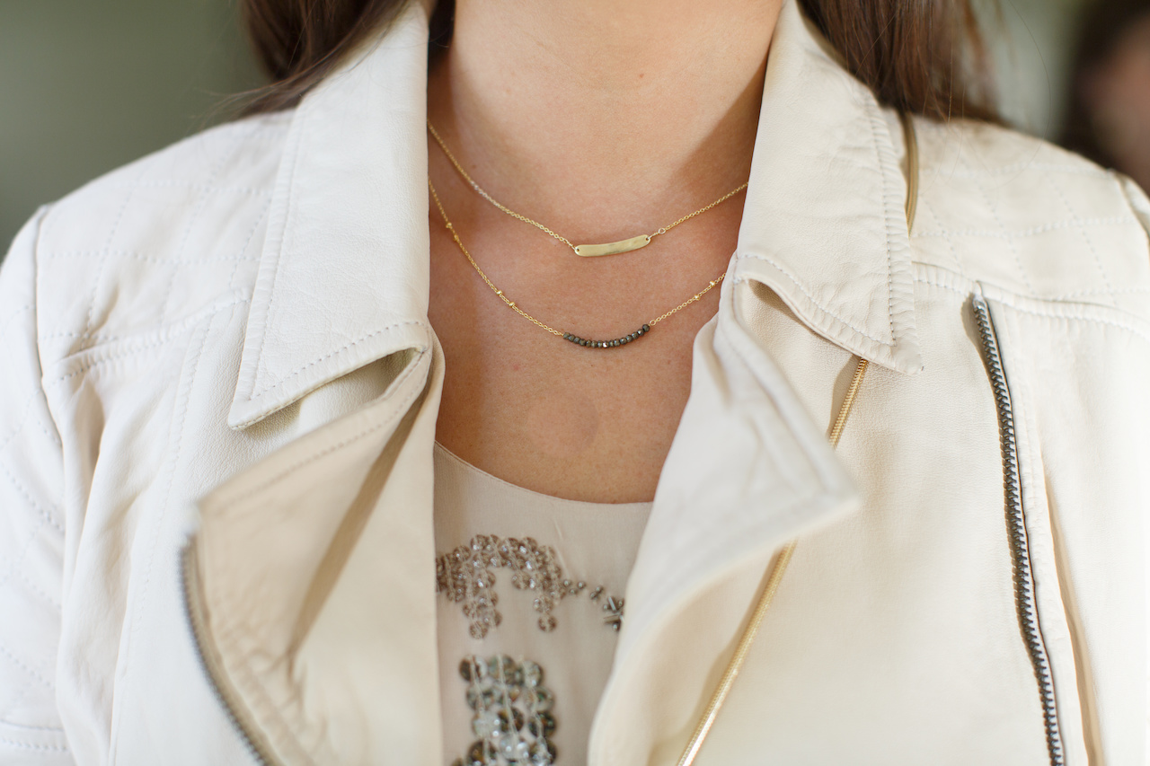 Cupcakes & Cashmere leather jacket, $300 and Melie Bianco Ellie Gold 2 Chic Necklace, $38 from Sachi Cupcakes & Cashmere leather jacket, $300 and Melie Bianco Ellie Gold 2 Chic Necklace, $38 from Sachi
