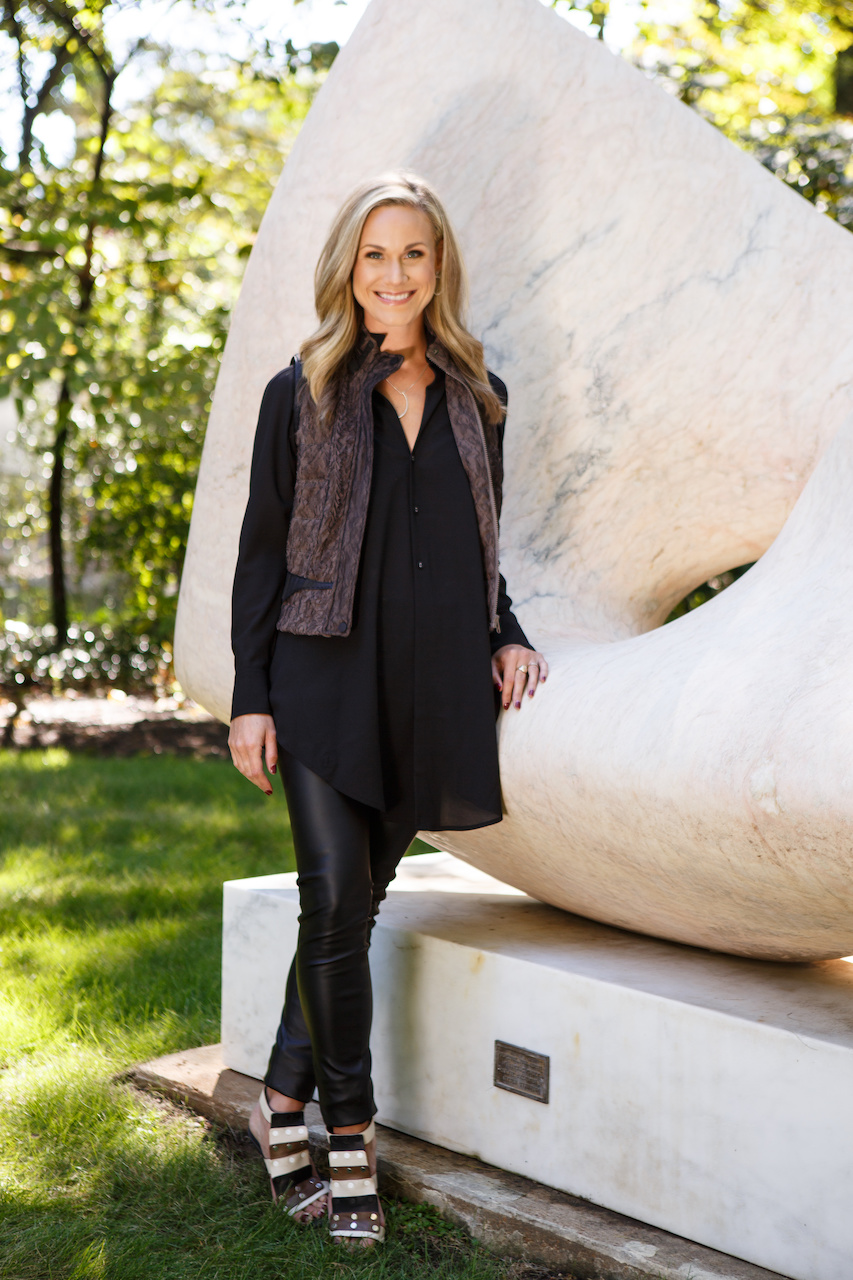 Ellie wears a print zipper vest, $500; black sheer blouse, $305; black leather pants, $245, and a Saundra Messinger necklace $225, and earrings Ellie wears a print zipper vest, $500; black sheer blouse, $305; black leather pants, $245, and a Saundra Messinger necklace $225, and earrings