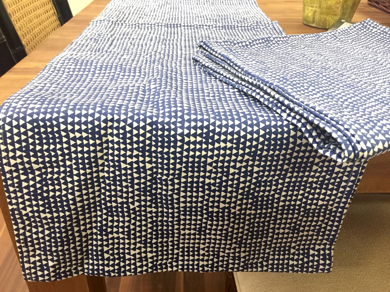 Indigo and white patterned table runner, $22 from Frugal Home Finds Indigo and white patterned table runner, $22 from Frugal Home Finds