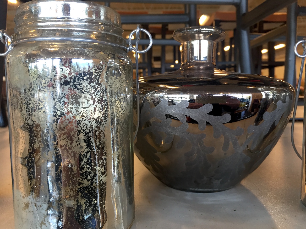 Mercury glass mason jar, $9.99 and Sienna vase, $21.99 from Pottery Barn Outlet Mercury glass mason jar, $9.99 and Sienna vase, $21.99 from Pottery Barn Outlet