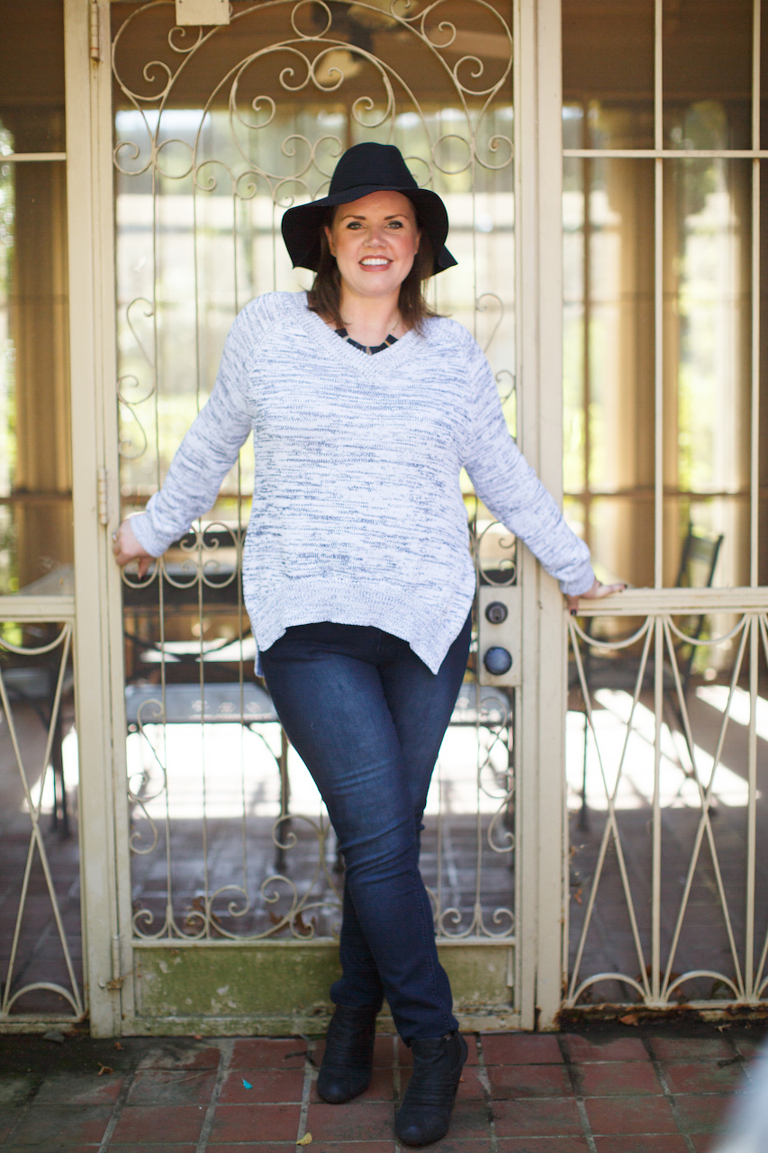 Amy wears a Lumiere sweater, $38; Lola Celina mid-rise skinny jeans, $84; a black and gold metal necklace, $25 and black felt hat, $28, from The Attic. Amy wears a Lumiere sweater, $38; Lola Celina mid-rise skinny jeans, $84; a black and gold metal necklace, $25 and black felt hat, $28, from The Attic.