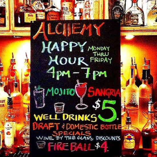 Alchemy's happy hour specials are spelled out, and cover a great selection of spirits. Alchemy's happy hour specials are spelled out, and cover a great selection of spirits.