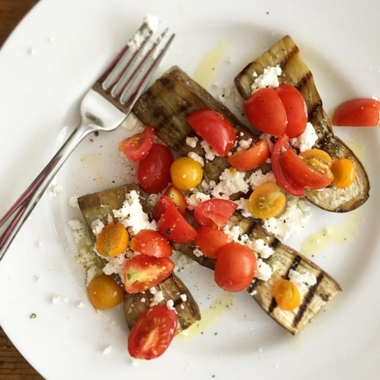 ennifer Chandler shows off her farmers market finds: Grilled eggplant with heirloom cherry tomatoes & local goat cheese Image | @cookwjennifer ennifer Chandler shows off her farmers market finds: Grilled eggplant with heirloom cherry tomatoes & local goat cheese Image | @cookwjennifer