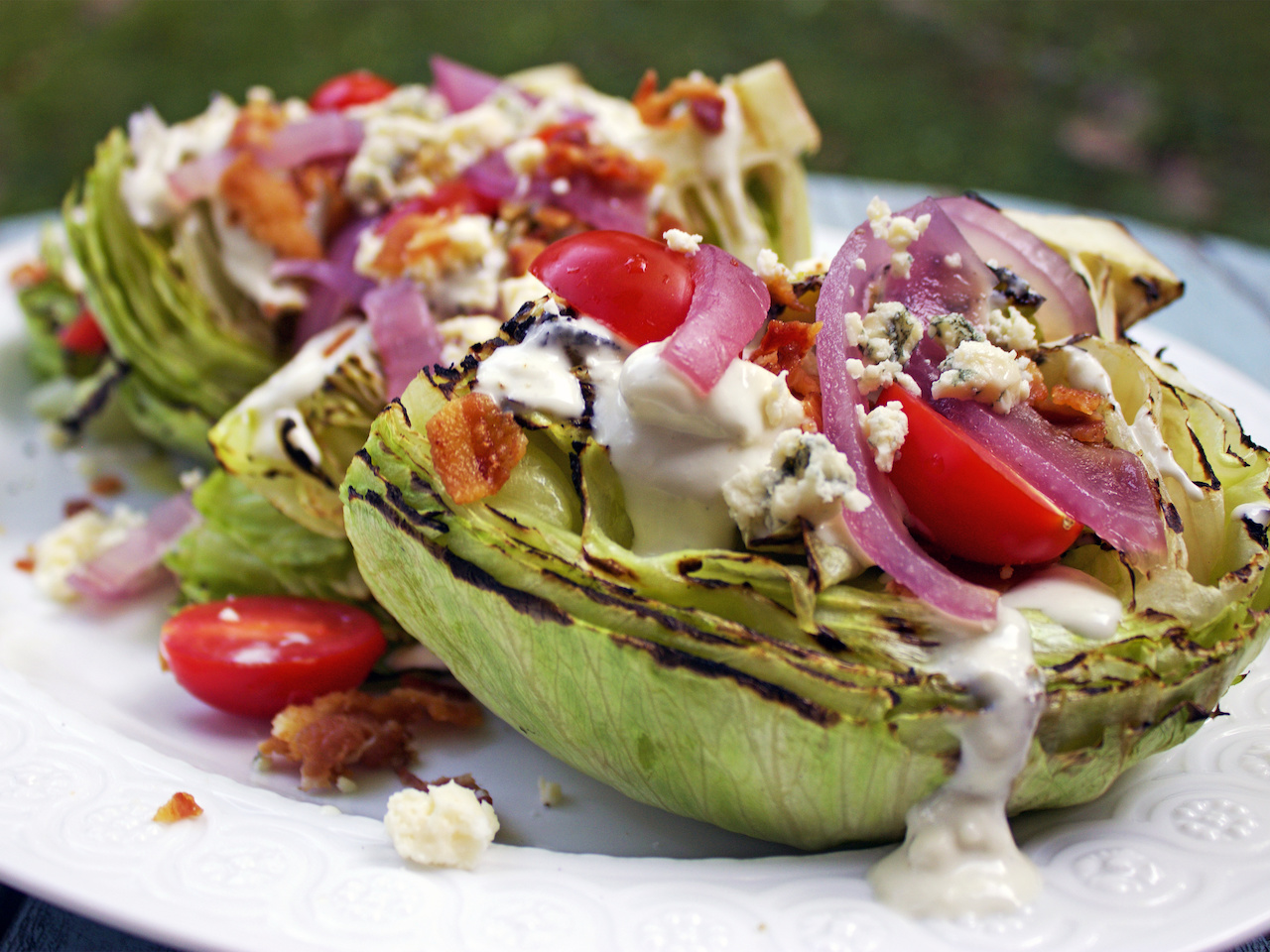 Homemade blue cheese dressing is a must! Grilled onion and grilled iceberg wedge salad