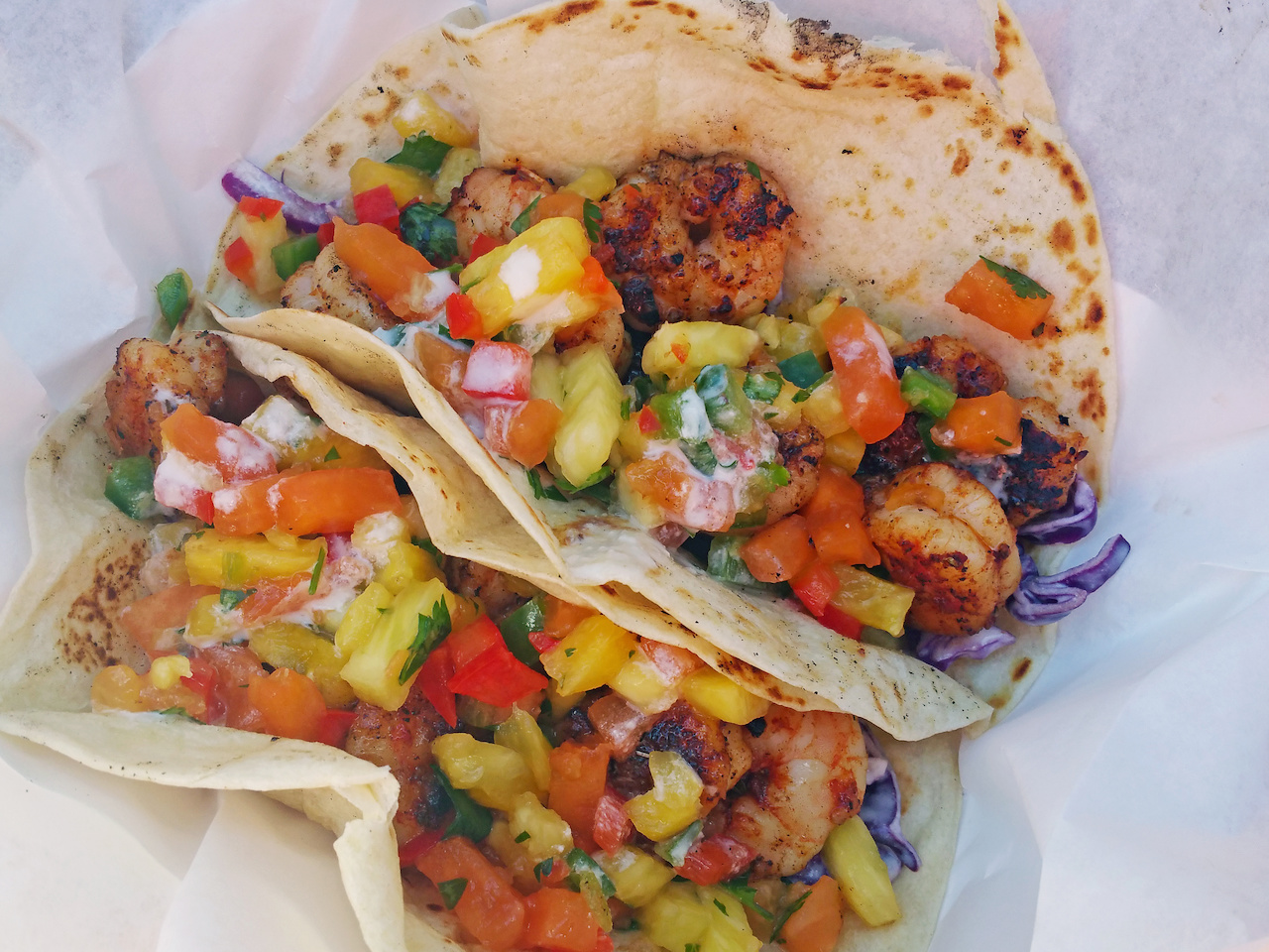 A colorful shrimp taco with mango salsa from Snapper Grabber's Coastal Kitchen A colorful shrimp taco with mango salsa from Snapper Grabber's Coastal Kitchen