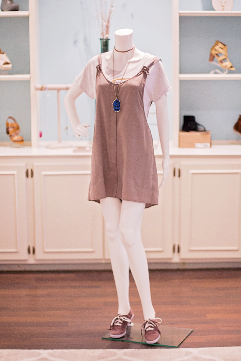 From More Therapy: Gentle Fawn cinder romper, $92; Rootees Iam Oxford tee, $37; Keds in deep taupe, $29; Jewels by SarCar necklace, $40 From More Therapy: Gentle Fawn cinder romper, $92; Rootees Iam Oxford tee, $37; Keds in deep taupe, $29; Jewels by SarCar necklace, $40