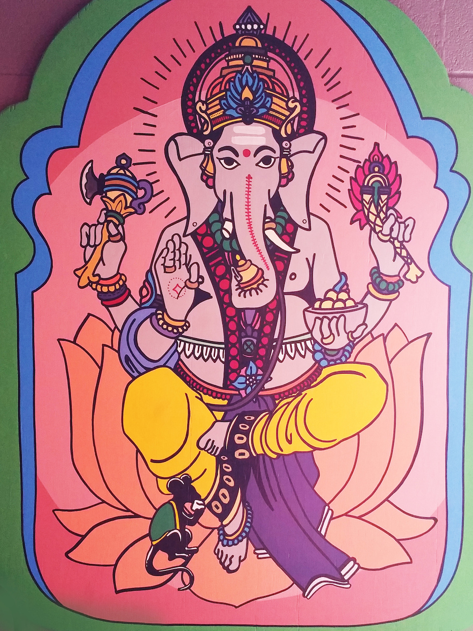 A Buddhist deity painting created by Yellowhammer Creative for wooden goat A Buddhist deity painting created by Yellowhammer Creative for wooden goat