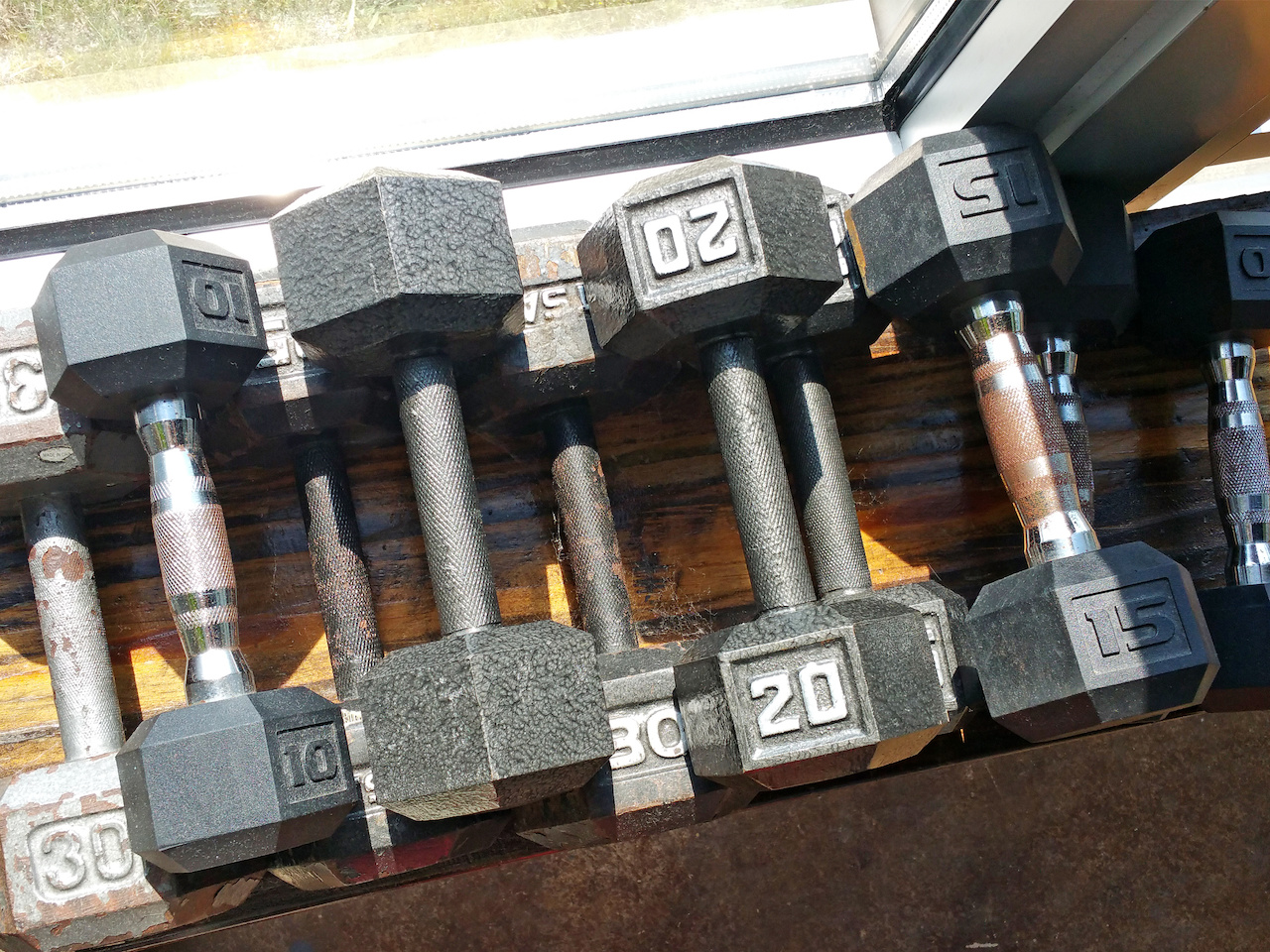 Weights sunbathe in the window of The Yoga Circle's sunroom studio. Weights sunbathe in the window of The Yoga Circle's sunroom studio.