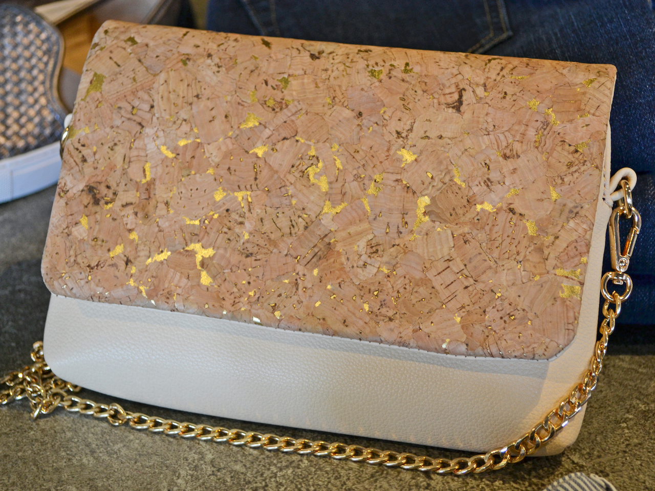 Use the chain to make this a cross body purse Cork clutch at M.E. Modern Elegance