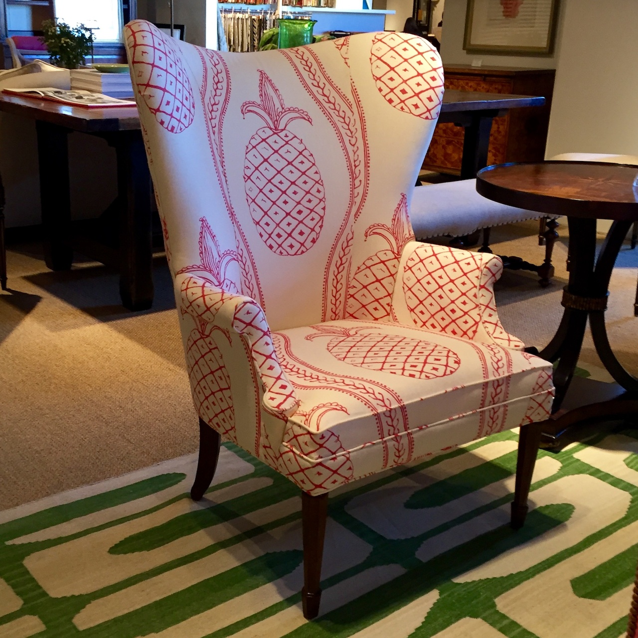 A great example of new traditional: A wing chair gets a modern update with a large-scale pattern. A great example of new traditional: A wing chair gets a modern update with a large-scale pattern.