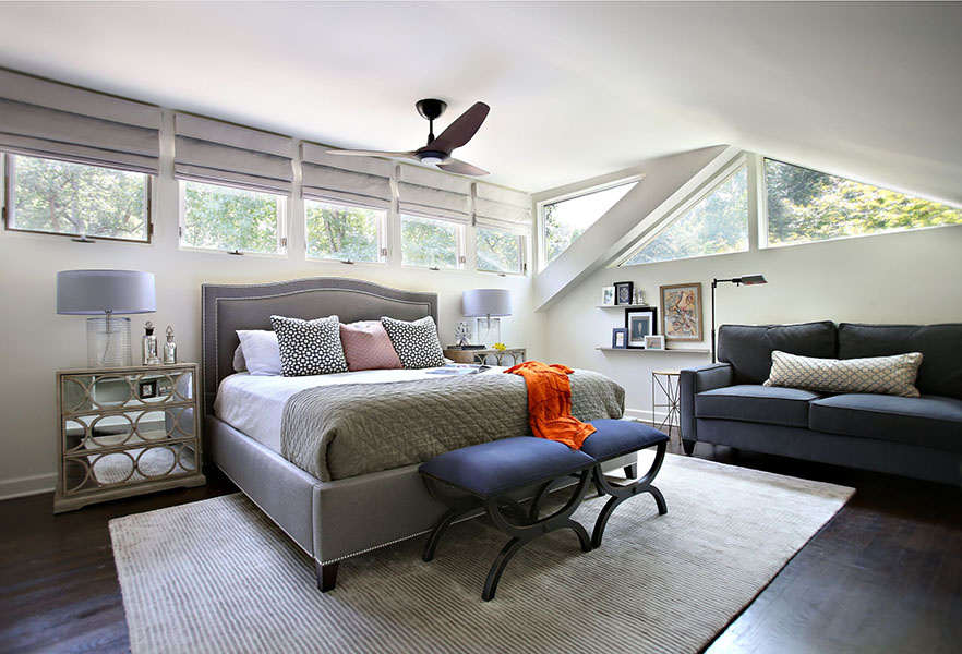 Embrace the architecture! StyleBlueprint Atlanta: master bedroom with triangular windows
