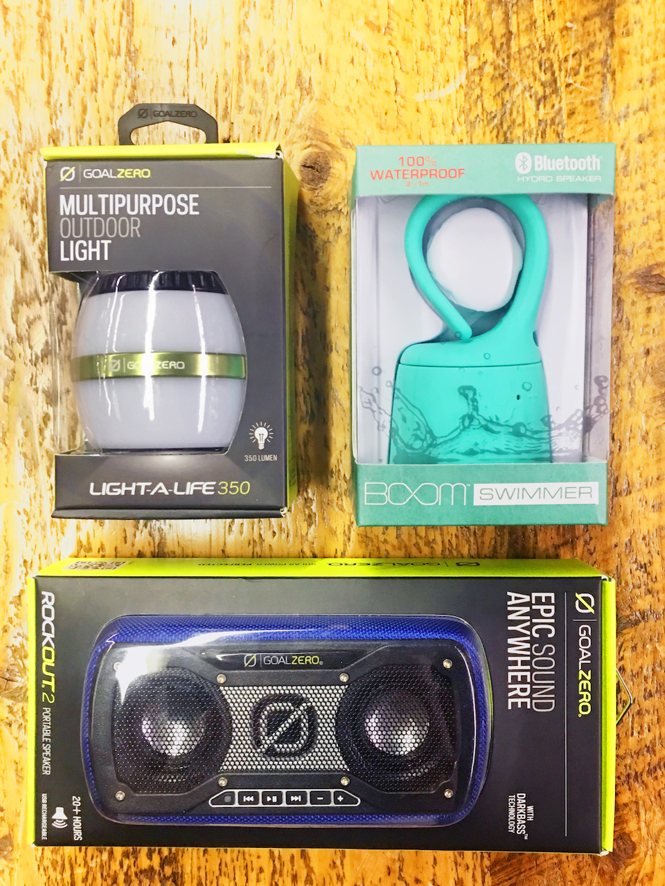 Goal Zero RockOut2 speaker and Boom Swimmer speaker, $59.99 each, and the Goal Zero Light-A-Life 350, $39.99, at Alabama Outdoors Goal Zero RockOut2 speaker and Boom Swimmer speaker, $59.99 each, and the Goal Zero Light-A-Life 350, $39.99, at Alabama Outdoors