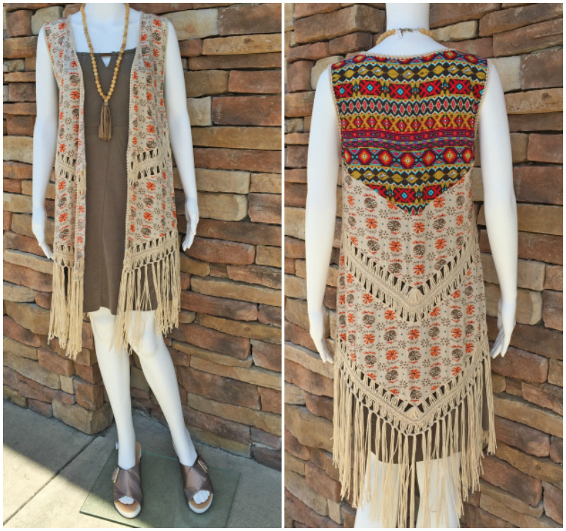 From Rogers Trading Company: multi fringe kimono vest, $34.99; olive microfiber dress, $98.99 From Rogers Trading Company: multi fringe kimono vest, $34.99; olive microfiber dress, $98.99