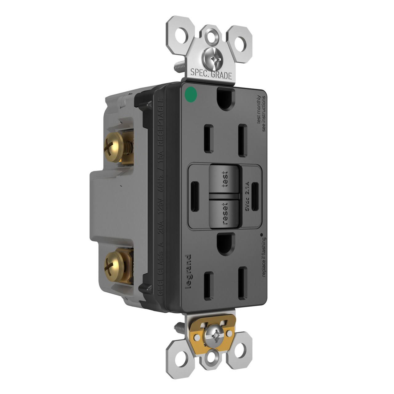 radiant® 15A Hospital-Grade Tamper-Resisant Self-Test GFCI USB Type-C/C Outlet