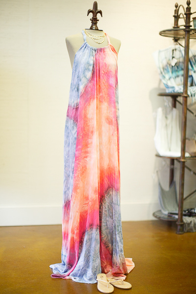 Brighty Twisted hand-dyed maxi dress from Sorelle From Sorelle: Hand-dyed halter maxi dress by Brightly Twisted, $184; paired with camel flip-flops from Yosi Samra, $52 and a delicate Gold + Stone necklace with embellishments, $68