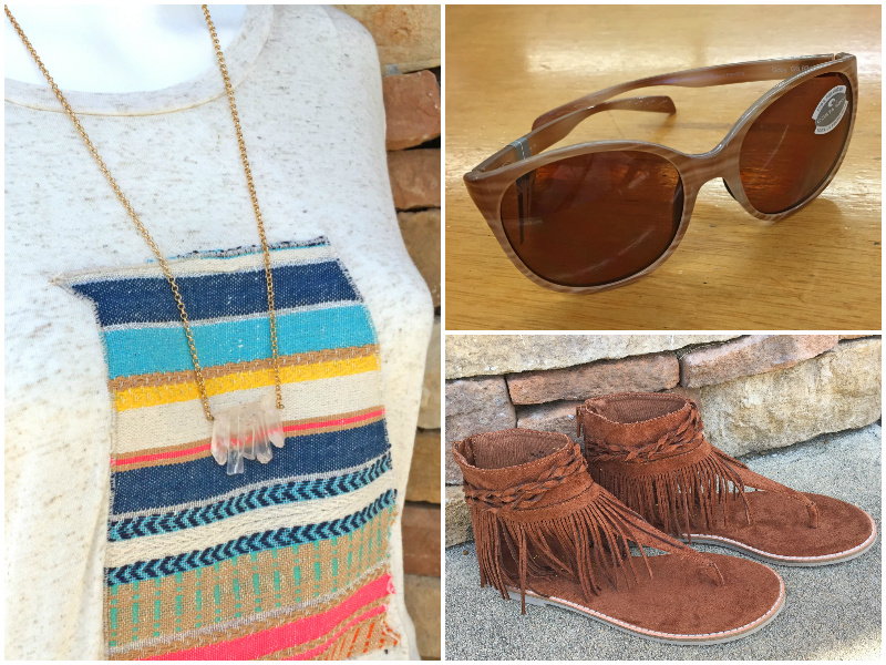 From Rogers Trading Company: crystal bar necklace, $24.99; saddle fringe sandal, $74.99; Costa sunglasses, $149 From Rogers Trading Company: crystal bar necklace, $24.99; saddle fringe sandal, $74.99; Costa sunglasses, $149
