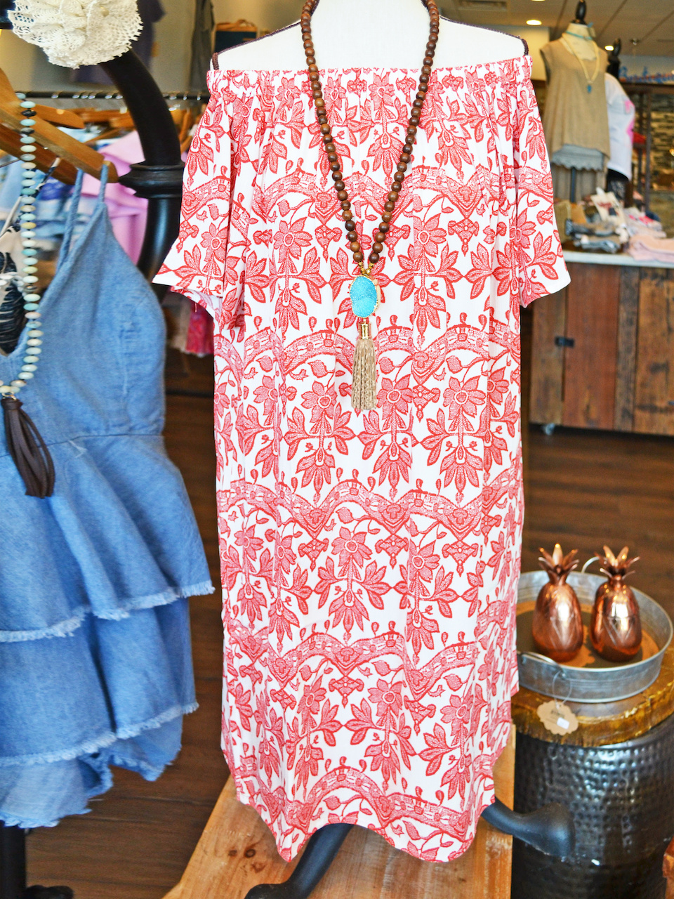Red and white dress can be on or off the shoulder. Red white and blue, not shown in a typical way for Fourth of July.