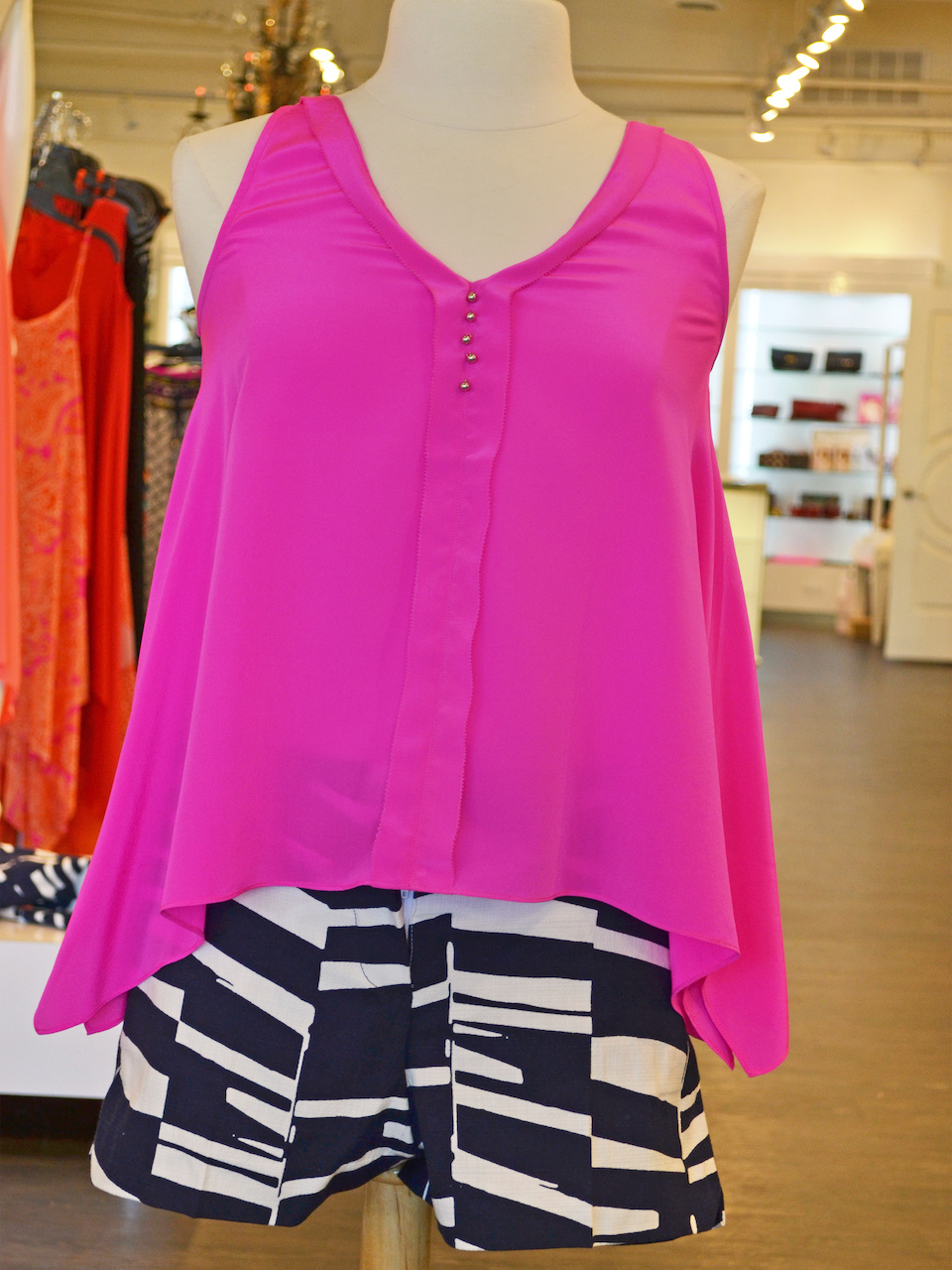Not your typical red white and blue-sub out Pink for Red! Navy and white shorts are perfect for Fourth of July