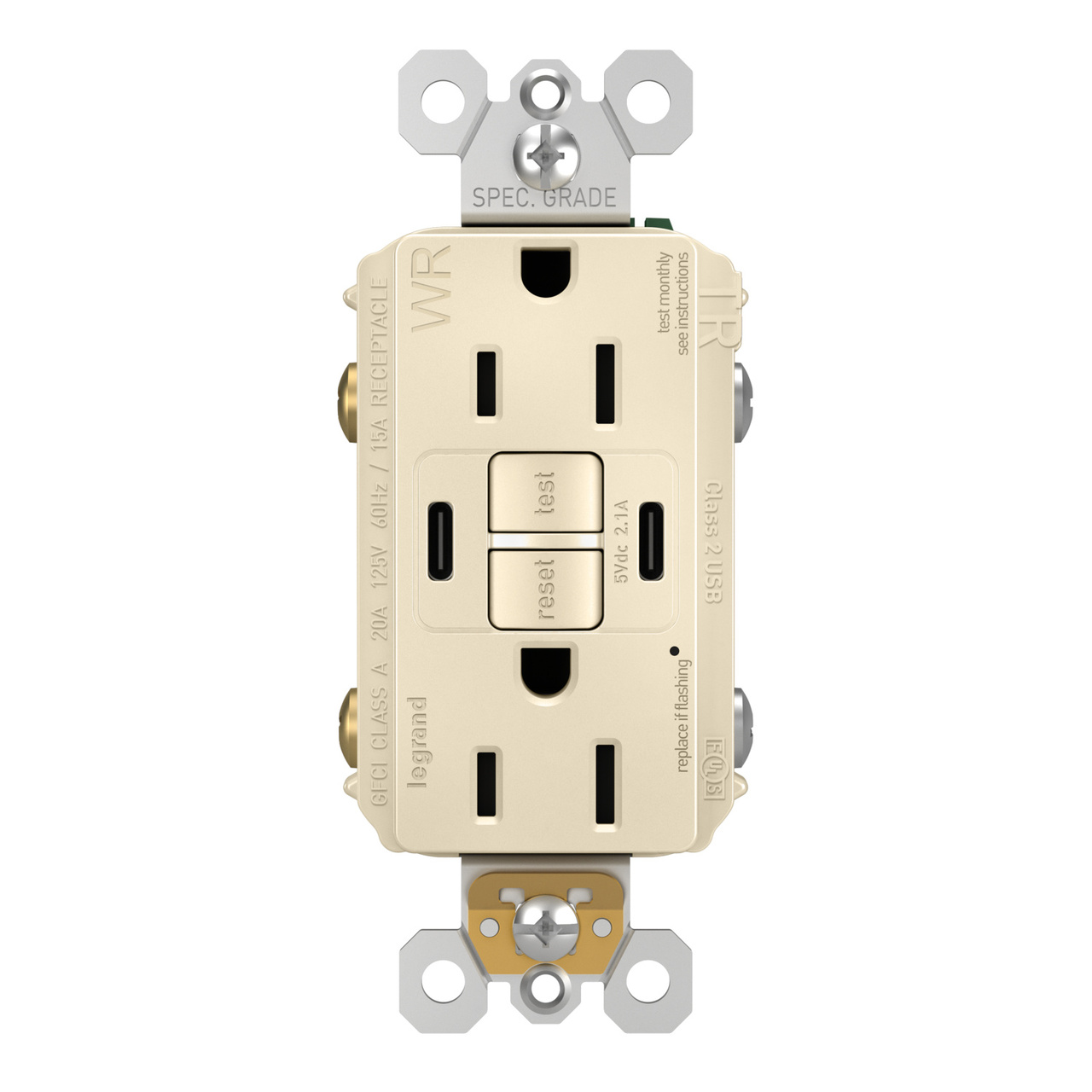 radiant® 15A Tamper-Resisant Outdoor Self-Test GFCI USB Type-C/C Outlet