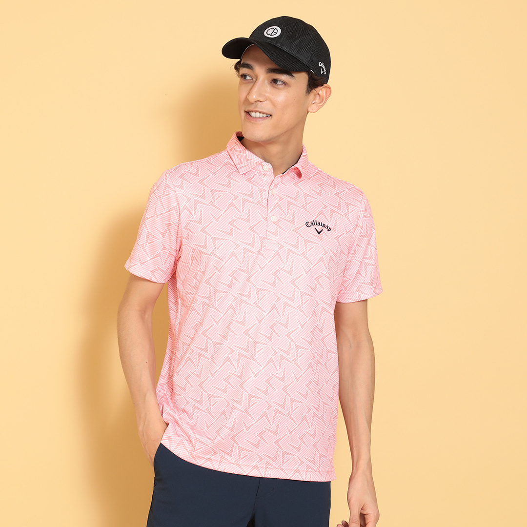 ポリエステルハニカムシェブロン柄半袖シャツ (MENS)