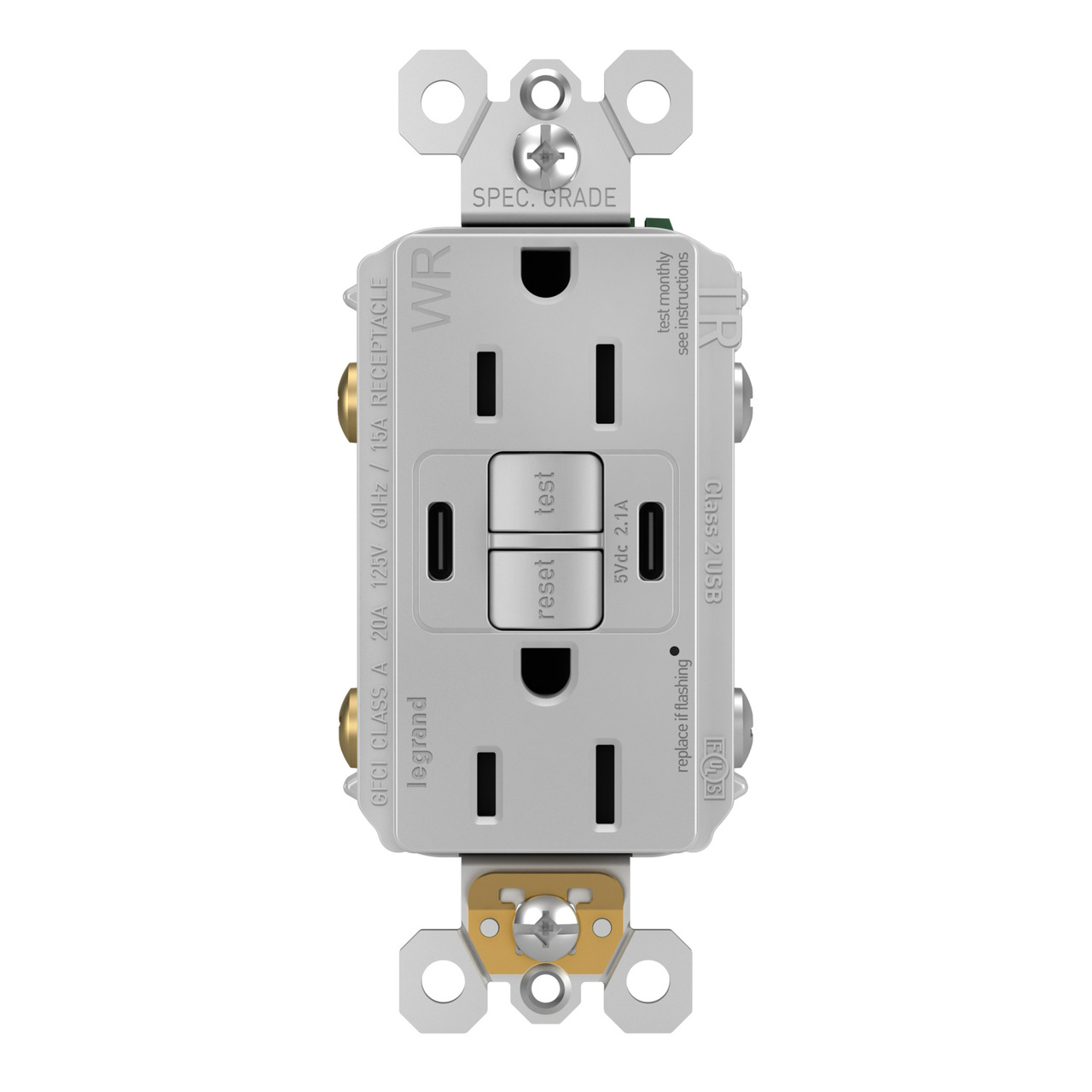 radiant® 15A Tamper-Resisant Outdoor Self-Test GFCI USB Type-C/C Outlet