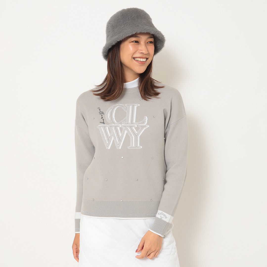 クルーネック長袖ラインストーン付きニット (WOMENS)