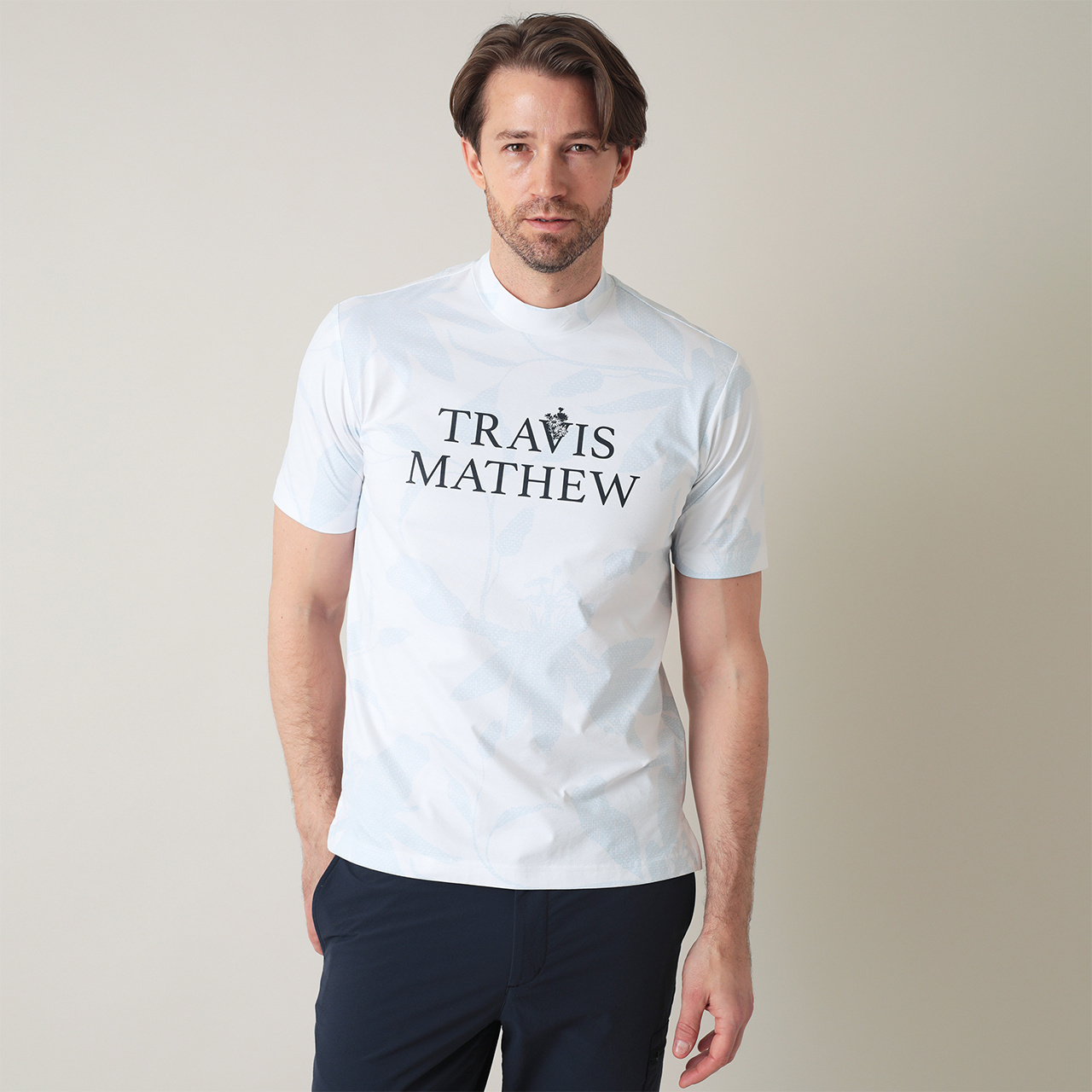 フラワー柄 半袖 モックネック(MENS)