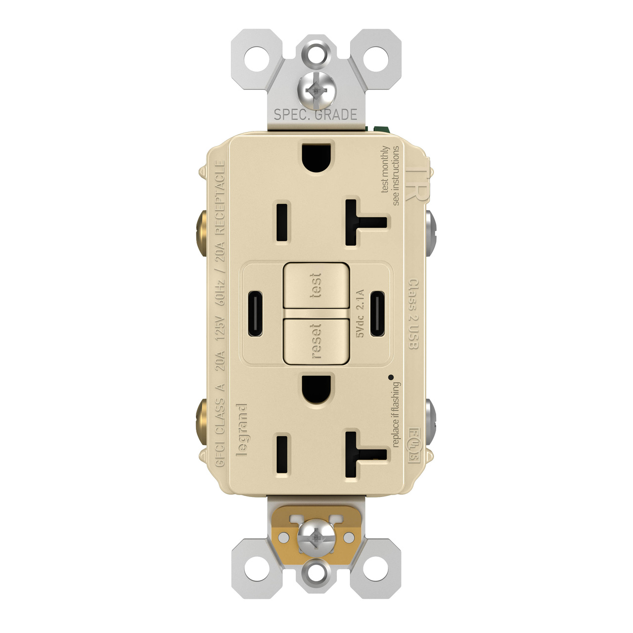 radiant Collection 20 amp GFCI USB Type C/C Outlet in Ivory