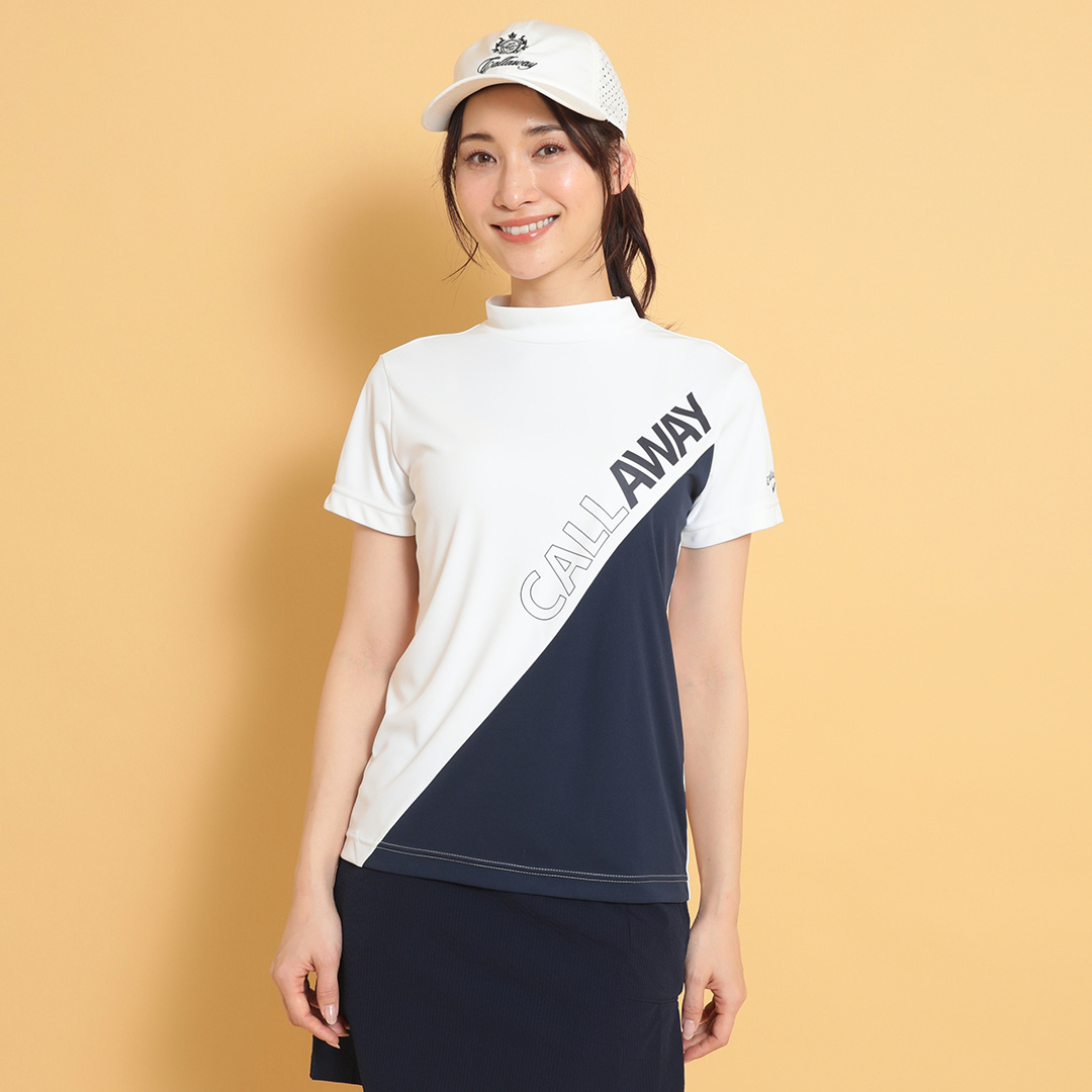 ポリエステルスムースバイカラー半袖モックネックシャツ (WOMENS)