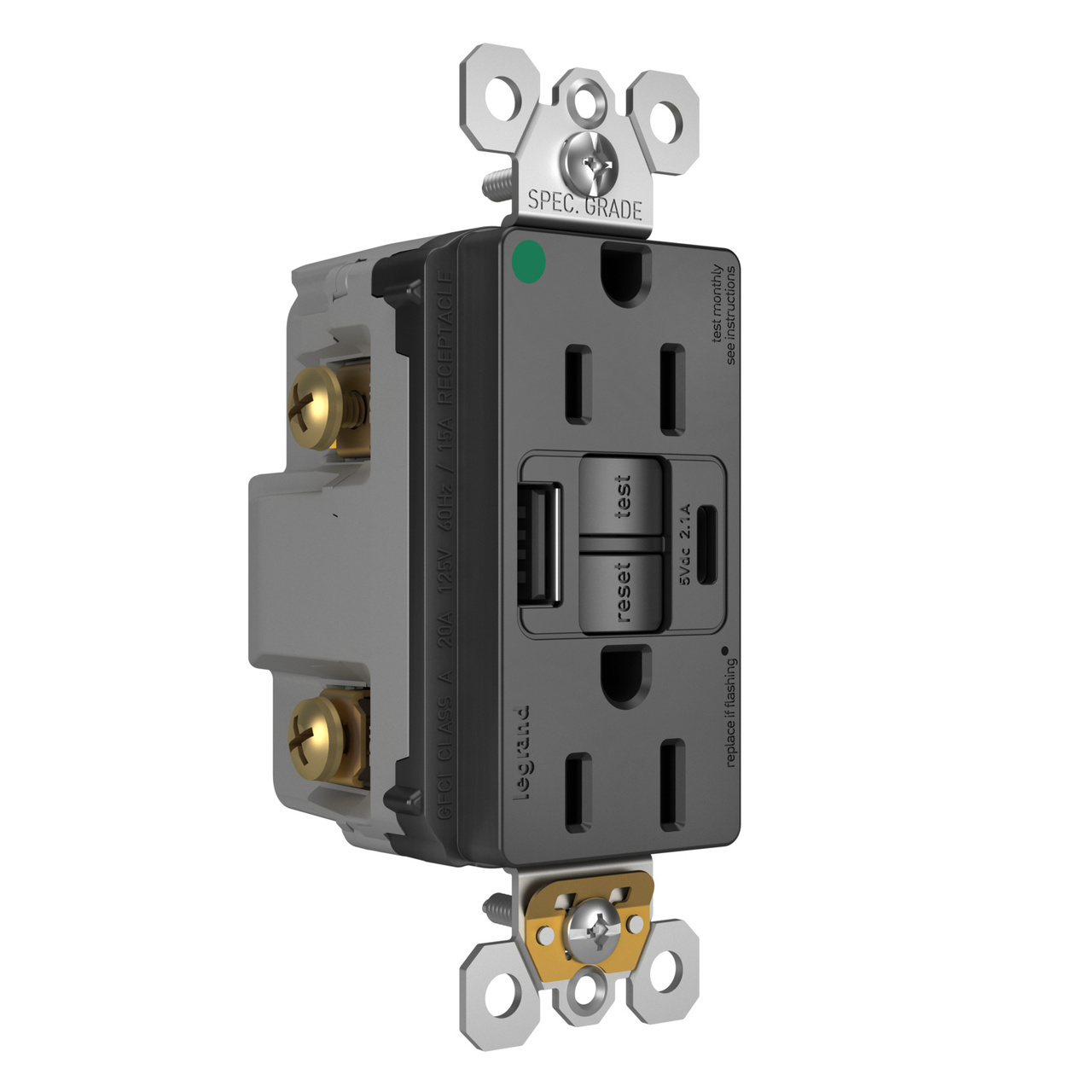 radiant® 15A Hospital-Grade Tamper-Resisant Self-Test GFCI USB Type-A/C Outlet