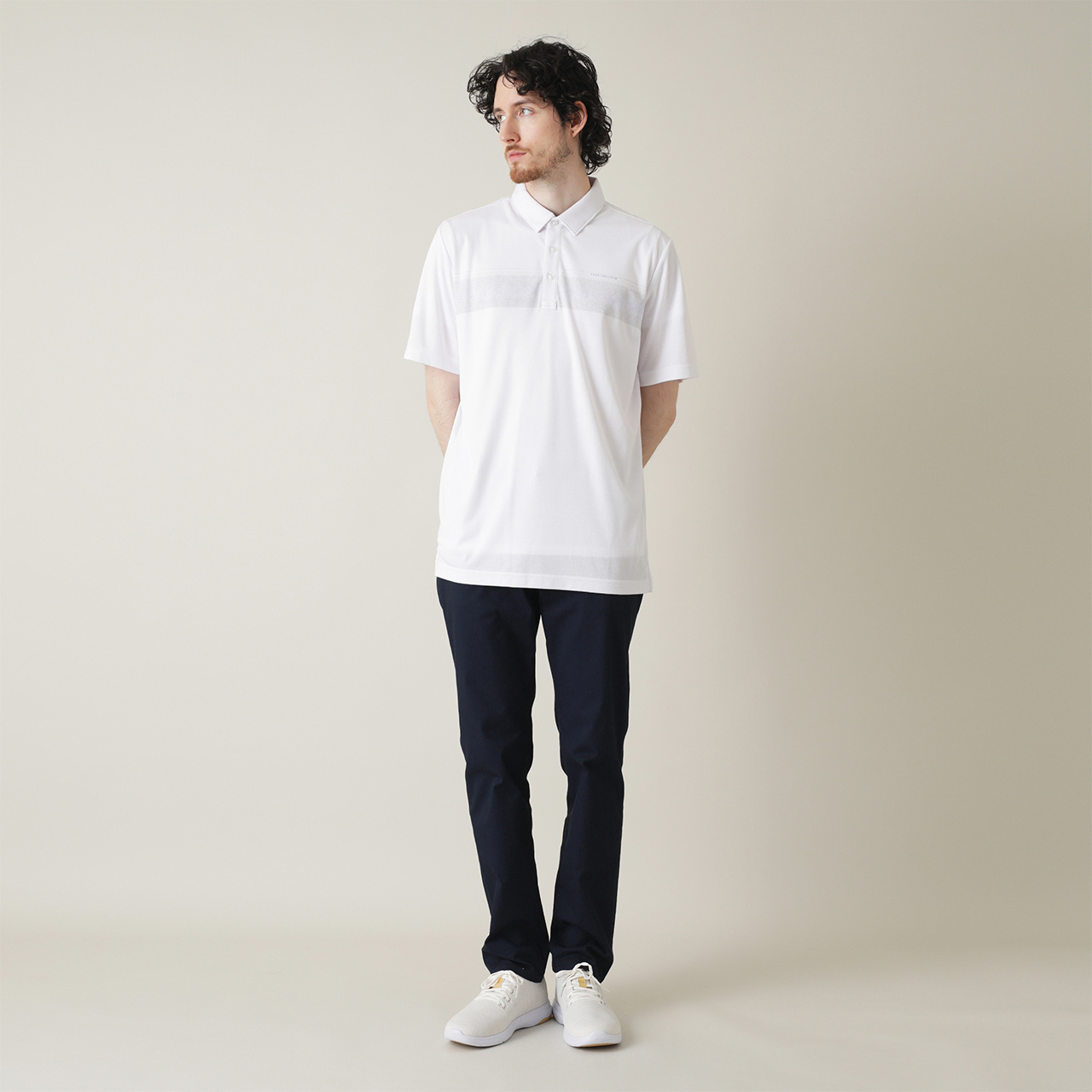 ストライプ チェストプリント 半袖ポロ(MENS)