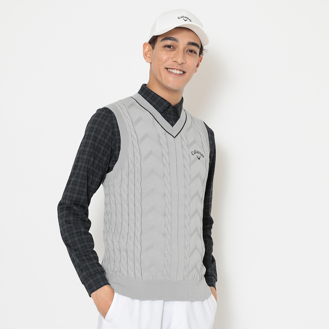 Vネックケーブルニットベスト (MENS)