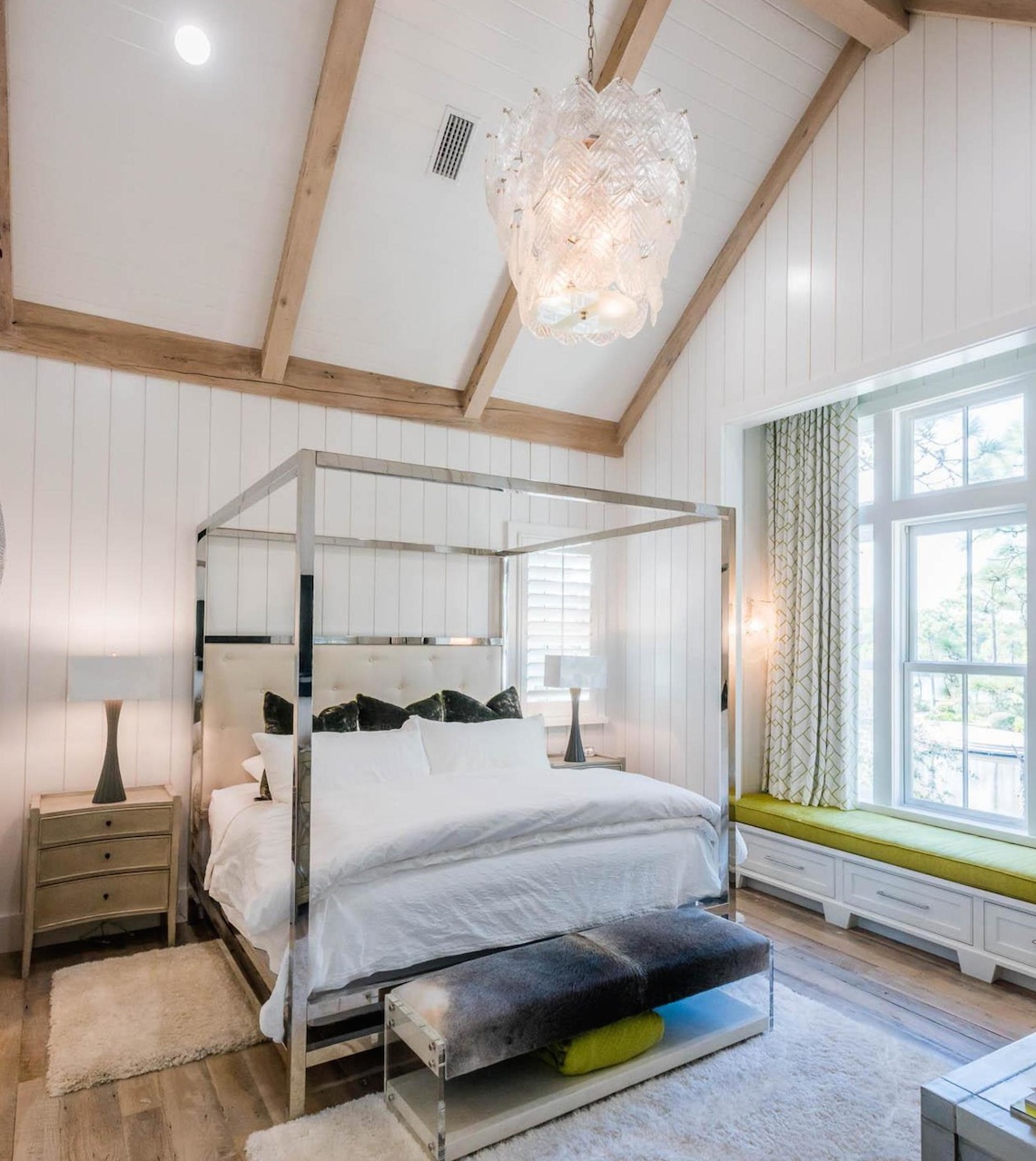 This chrome four-poster bed by Bernhardt is a fantastic place to get a good night's sleep in preparation for another fun day at the beach! This chrome four-poster bed by Bernhardt is a fantastic place to get a good night's sleep in preparation for another fun day at the beach!
