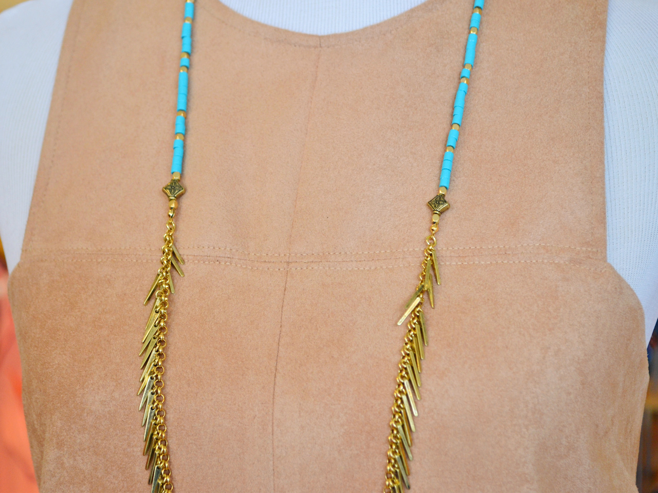 The turquoise is perfect against the camel ultrasuede What to Wear September Events in Louisville