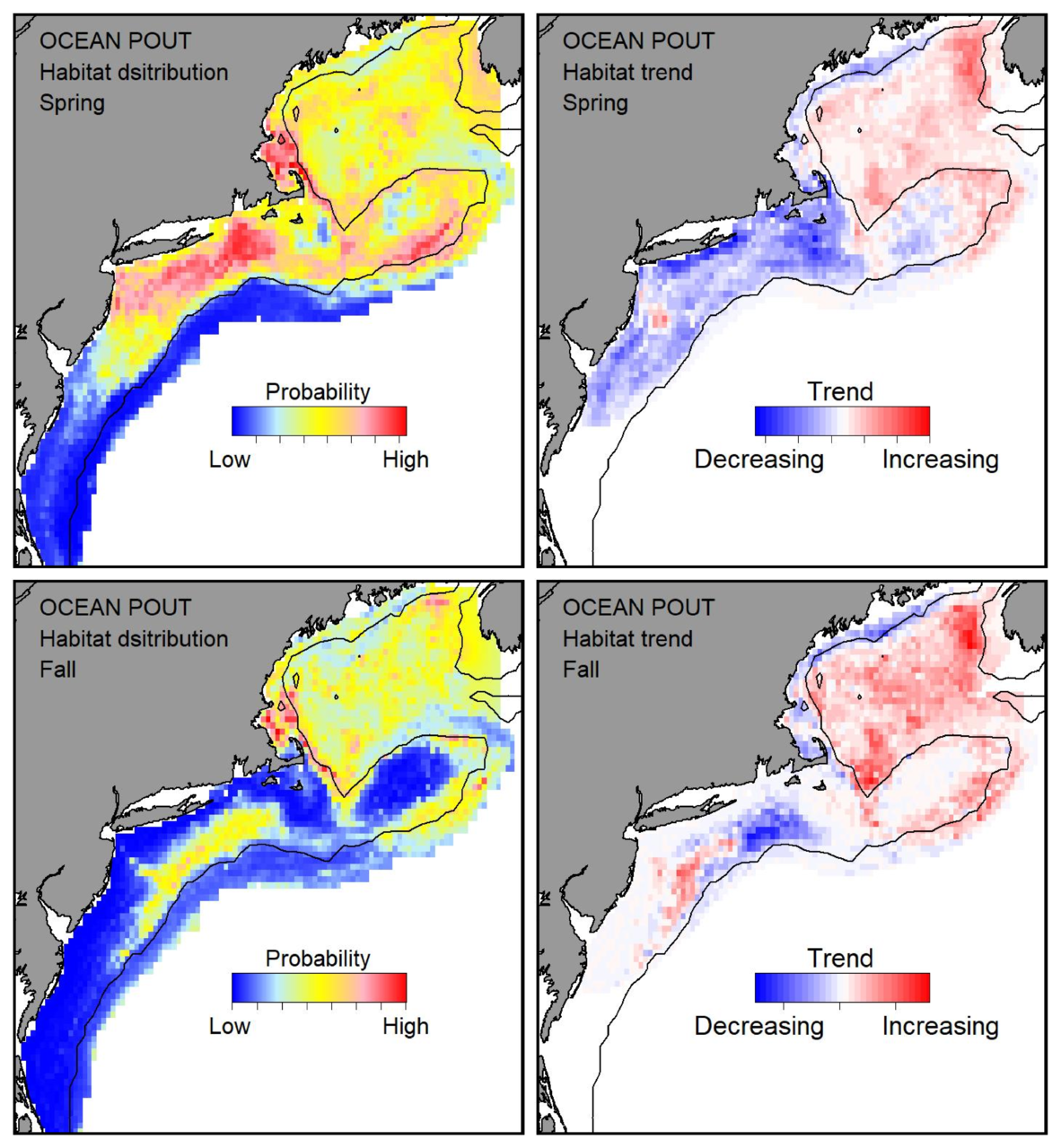 Probable habitat distribution for ocean pout showing the highest concentration and increasing trend in the Gulf of Maine during the spring. Bottom row: Probable habitat distribution for ocean pout showing the highest concentration and increasing trend in the Gulf of Maine during the fall.