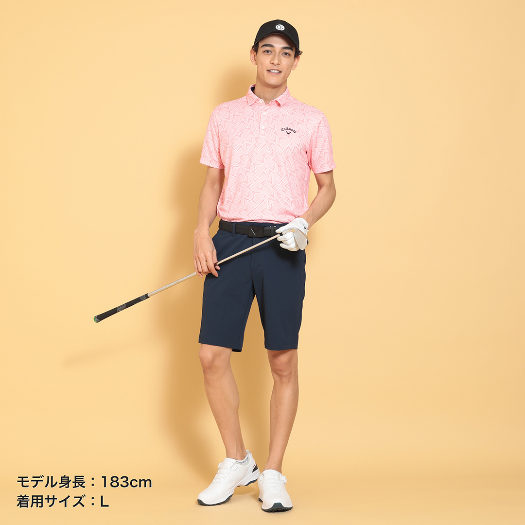 ポリエステルハニカムシェブロン柄半袖シャツ (MENS)