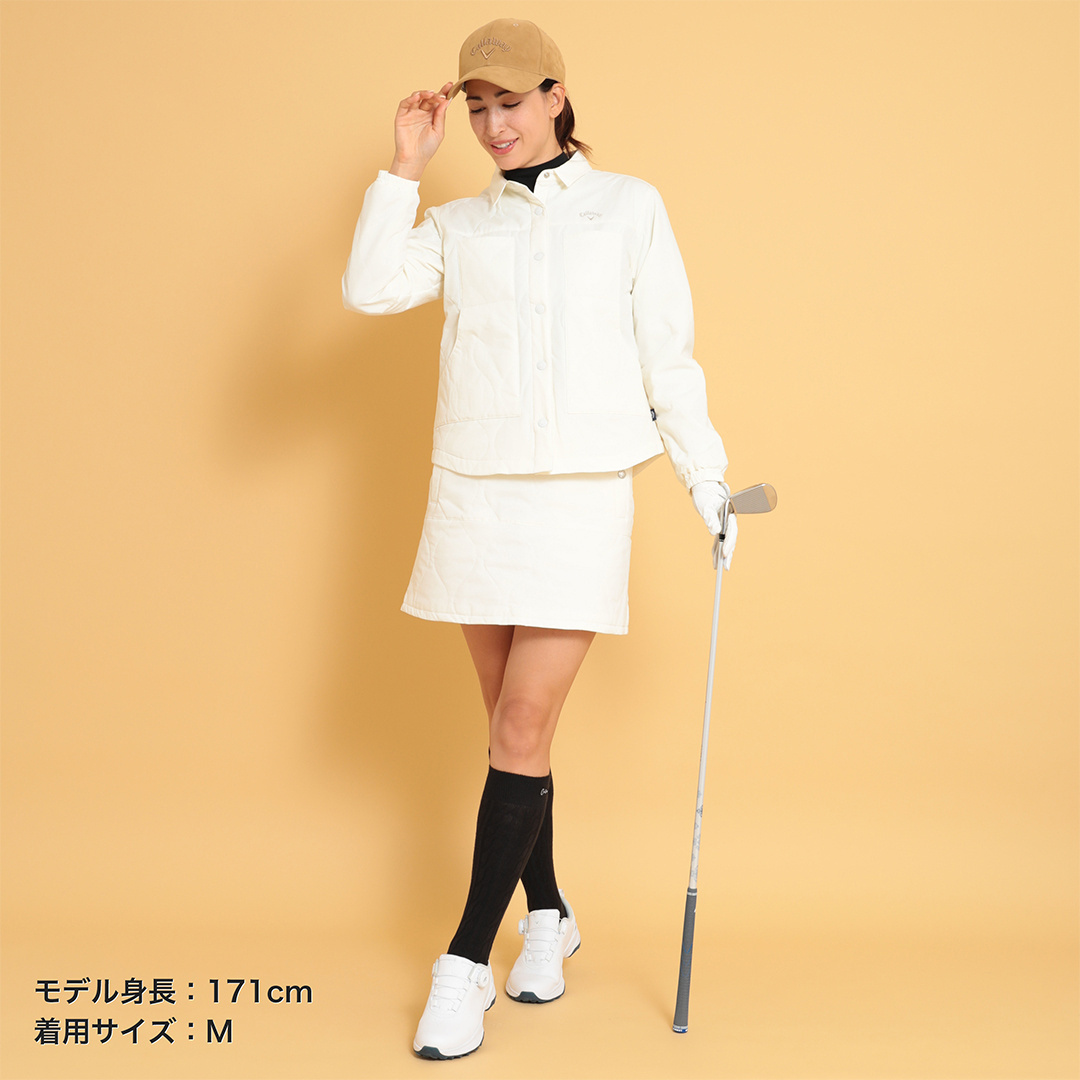極美品 ブラック＆ホワイト ゴルフ 中綿リバーシブルスカート M 白 総柄 キャロウェイ 中綿スカート Callaway レディース ゴルフウェア 中綿
