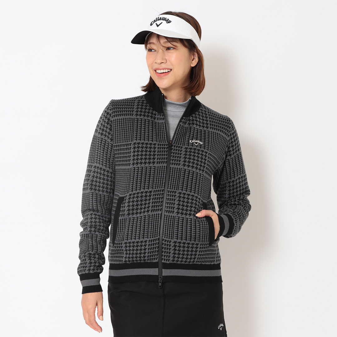 千鳥柄ジャガード防風裏付フルジップニット (WOMENS)