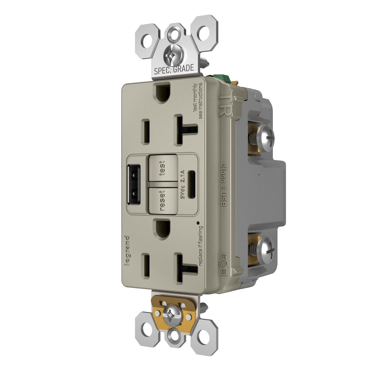 radiant Collection 20 amp GFCI USB Type A/C Outlet in Nickel